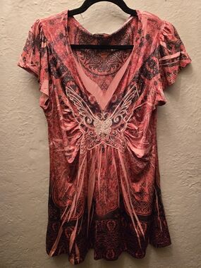 One World Butterfly Fairy Boho Tunic Top Pink Embellished Y2K Festival Large